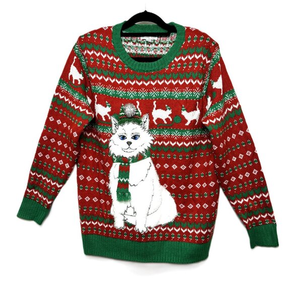 Holiday Hype White Cat Diva Christmas Sweater EUC Size Large - Picture 1 of 9